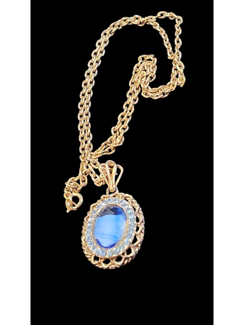 Vintage Blue Porphyry Glass Cabochon Pendant Necklace Rhinestone Surround Gold T